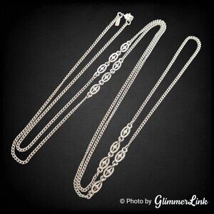 Vintage Monet Silver Tone Station Necklace 55" Curb Chain - Oval Starburst Links